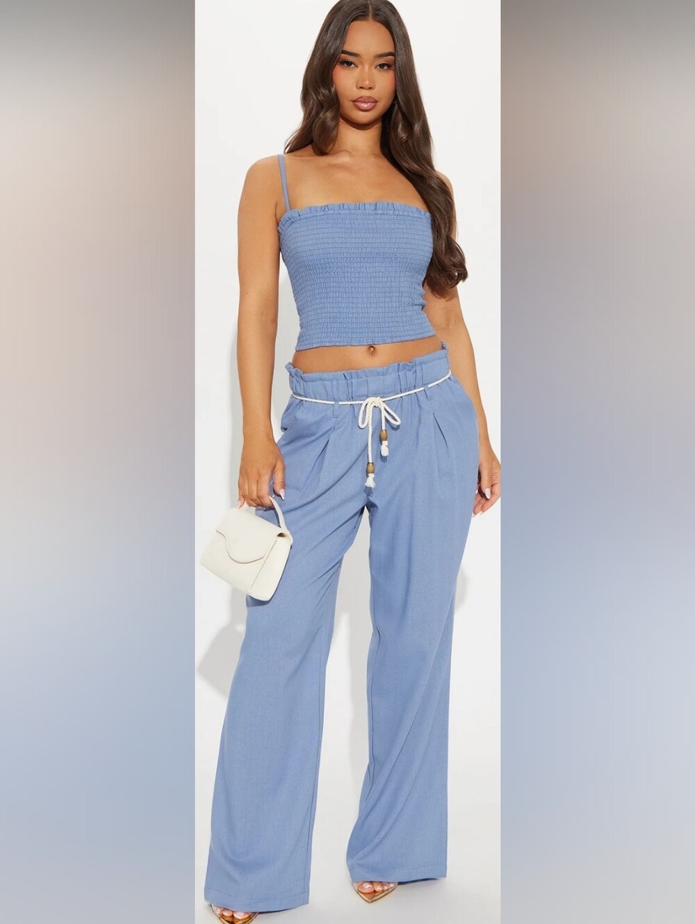 High-Rise Paperbag Wide-Leg Pants And Top Set in Light Blue